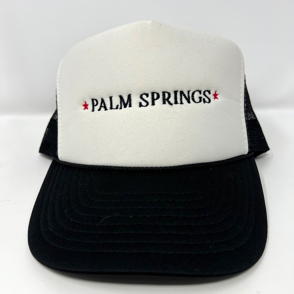 Vintage Palm Springs Trucker Hat Nissin Mesh Snapback Cap Black White Festival